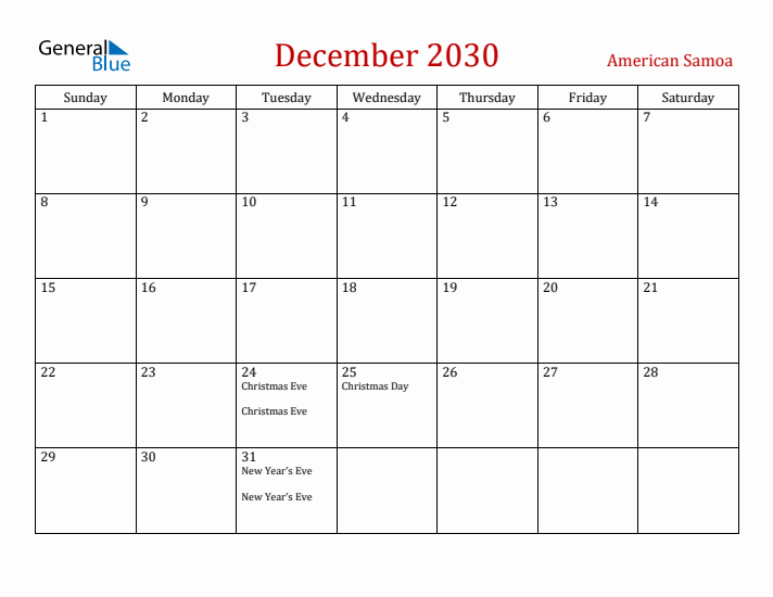 American Samoa December 2030 Calendar - Sunday Start