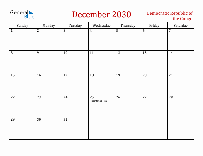 Democratic Republic of the Congo December 2030 Calendar - Sunday Start