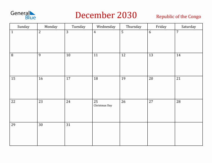 Republic of the Congo December 2030 Calendar - Sunday Start