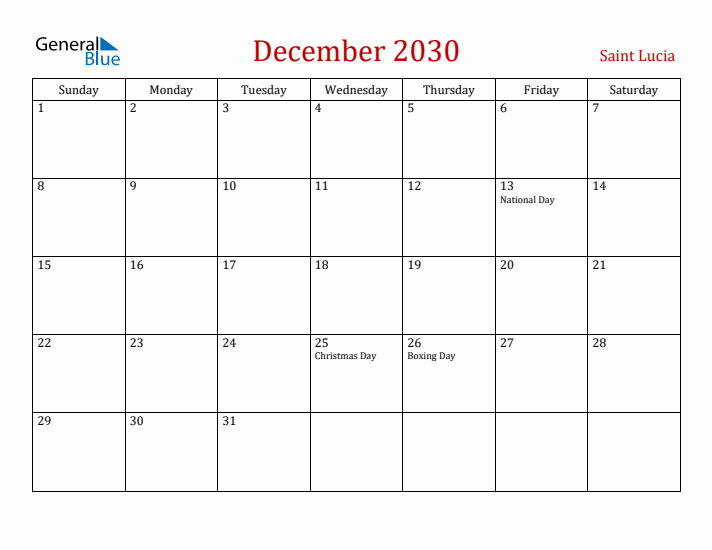 Saint Lucia December 2030 Calendar - Sunday Start