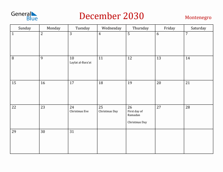 Montenegro December 2030 Calendar - Sunday Start