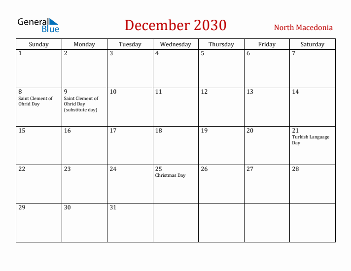 North Macedonia December 2030 Calendar - Sunday Start