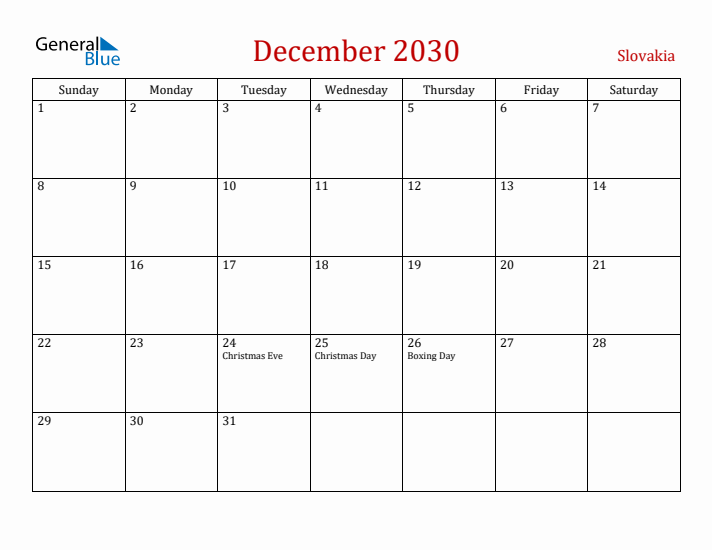 Slovakia December 2030 Calendar - Sunday Start