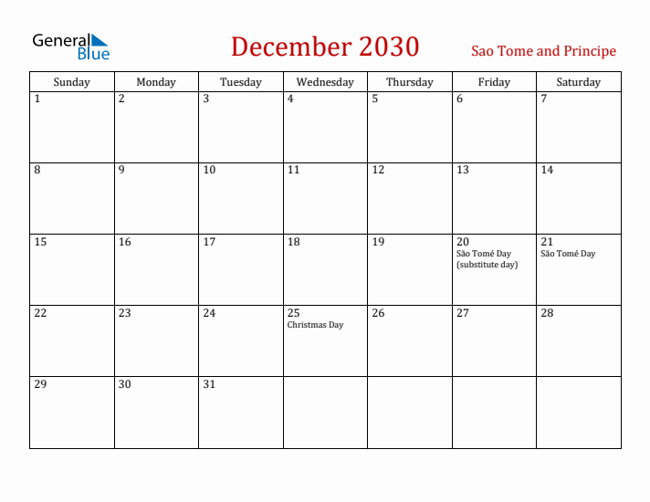 Sao Tome and Principe December 2030 Calendar - Sunday Start
