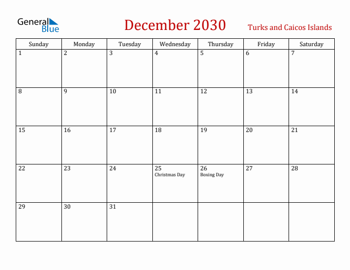 Turks and Caicos Islands December 2030 Calendar - Sunday Start