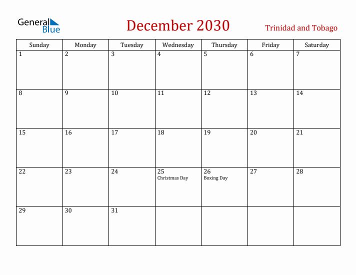 Trinidad and Tobago December 2030 Calendar - Sunday Start