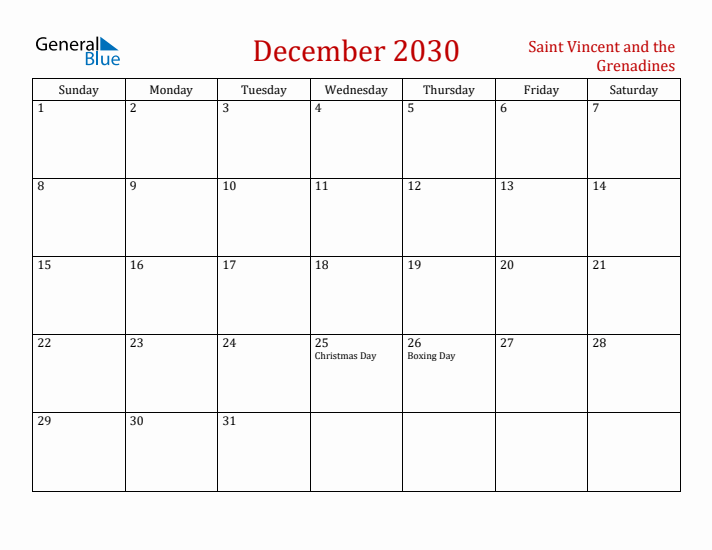 Saint Vincent and the Grenadines December 2030 Calendar - Sunday Start
