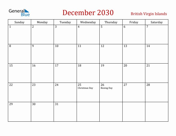 British Virgin Islands December 2030 Calendar - Sunday Start