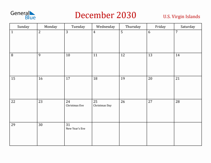 U.S. Virgin Islands December 2030 Calendar - Sunday Start