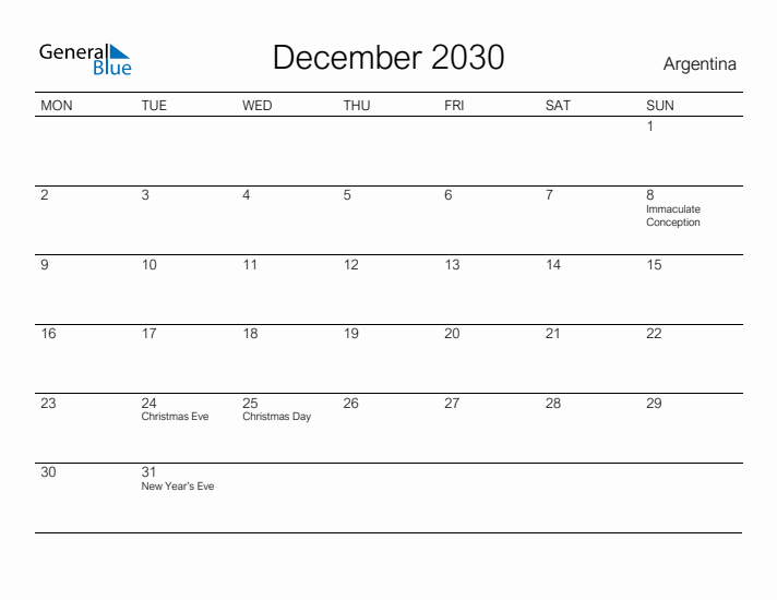Printable December 2030 Calendar for Argentina