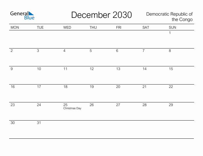 Printable December 2030 Calendar for Democratic Republic of the Congo