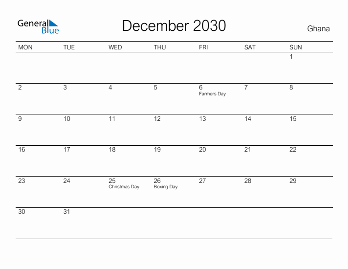 Printable December 2030 Calendar for Ghana