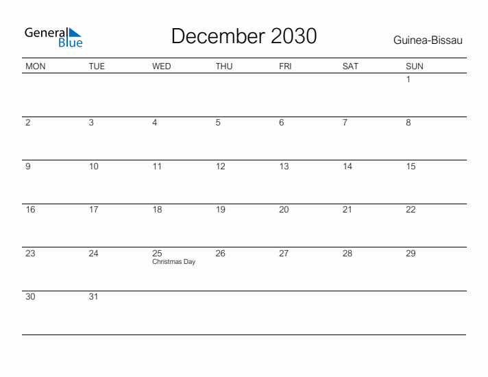 Printable December 2030 Calendar for Guinea-Bissau