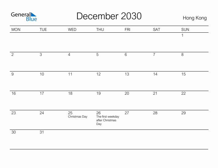 Printable December 2030 Calendar for Hong Kong