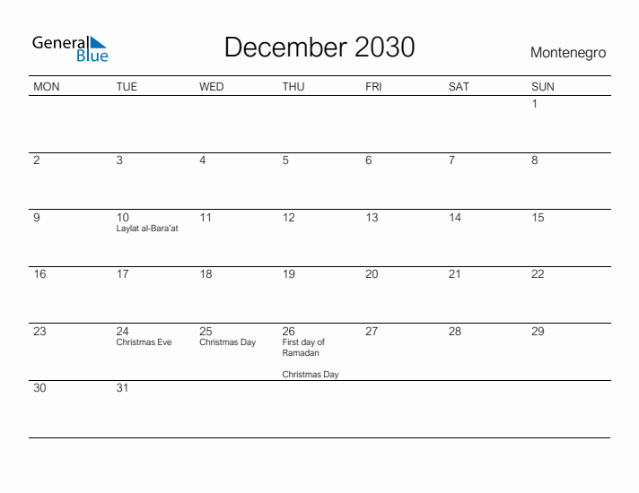 Printable December 2030 Calendar for Montenegro