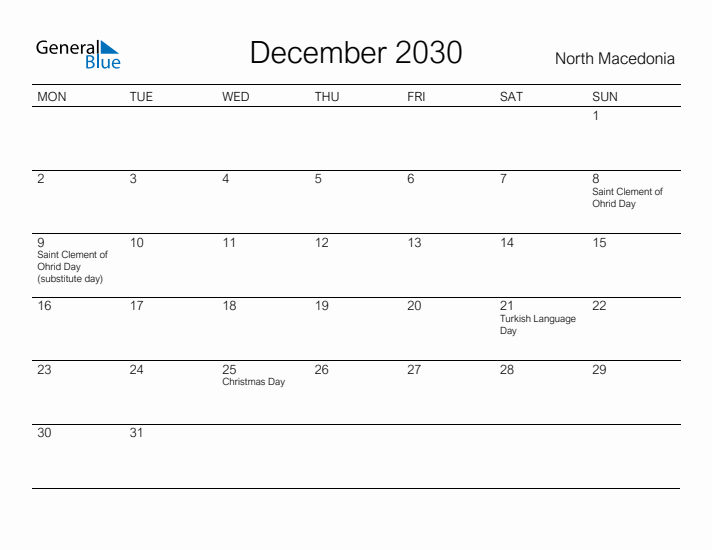 Printable December 2030 Calendar for North Macedonia