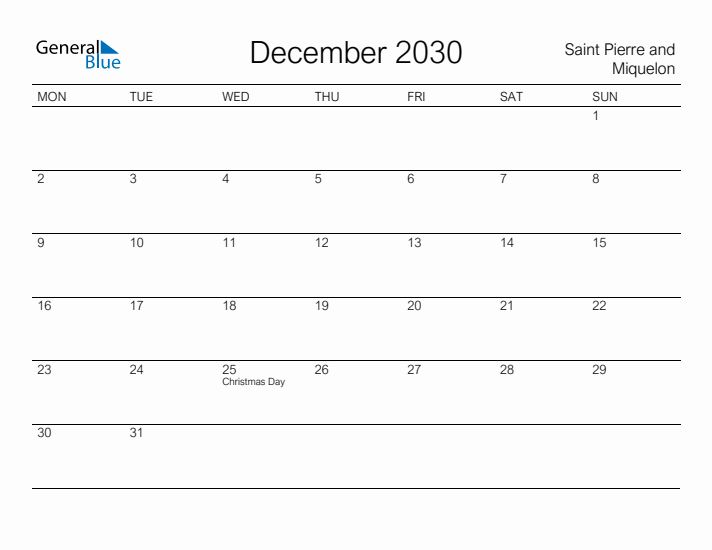 Printable December 2030 Calendar for Saint Pierre and Miquelon