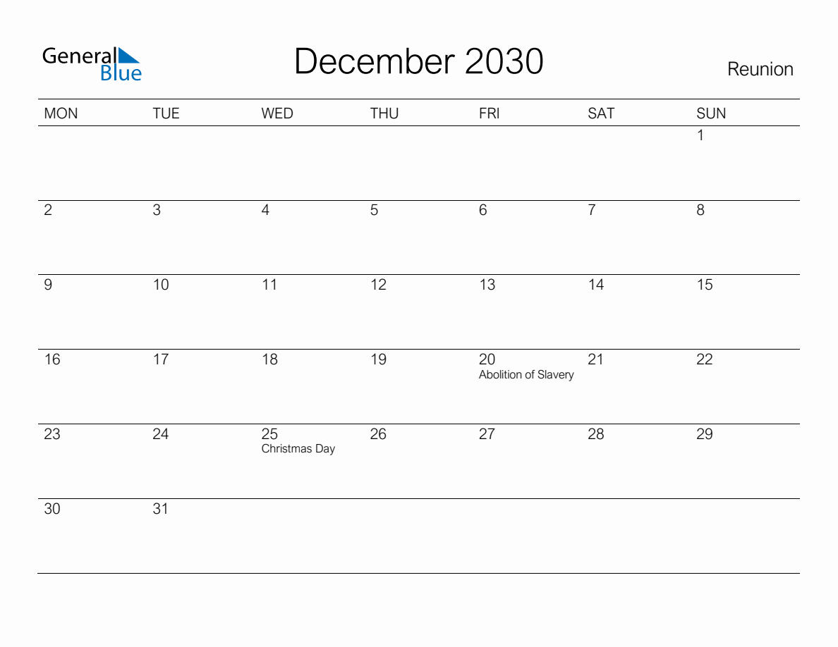 Printable December 2030 Monthly Calendar with Holidays for Reunion ...