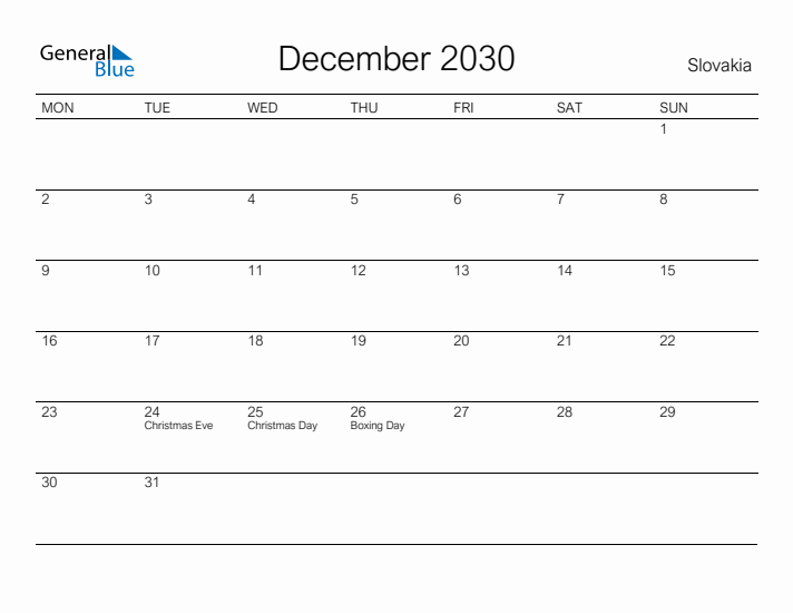 Printable December 2030 Calendar for Slovakia
