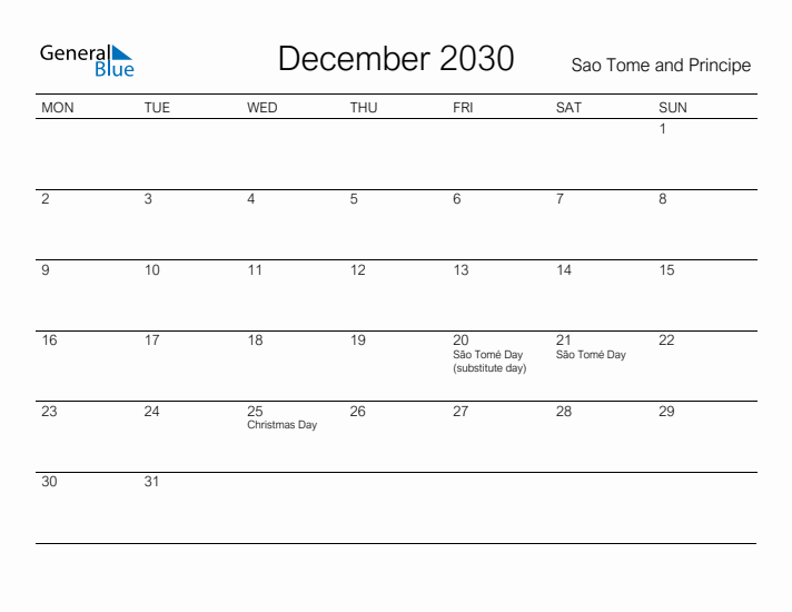 Printable December 2030 Calendar for Sao Tome and Principe