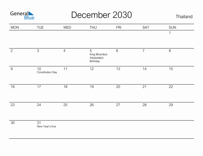 Printable December 2030 Calendar for Thailand