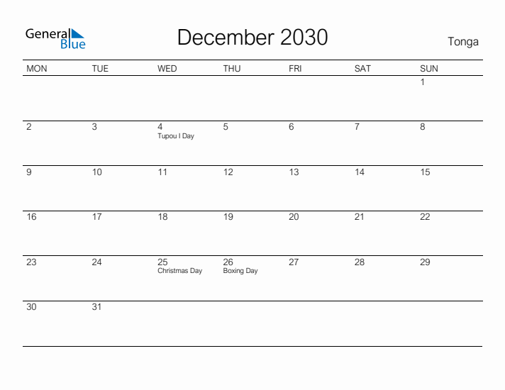 Printable December 2030 Calendar for Tonga