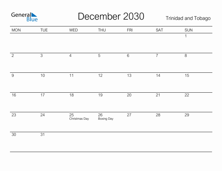 Printable December 2030 Calendar for Trinidad and Tobago