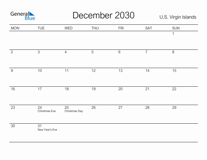 Printable December 2030 Calendar for U.S. Virgin Islands