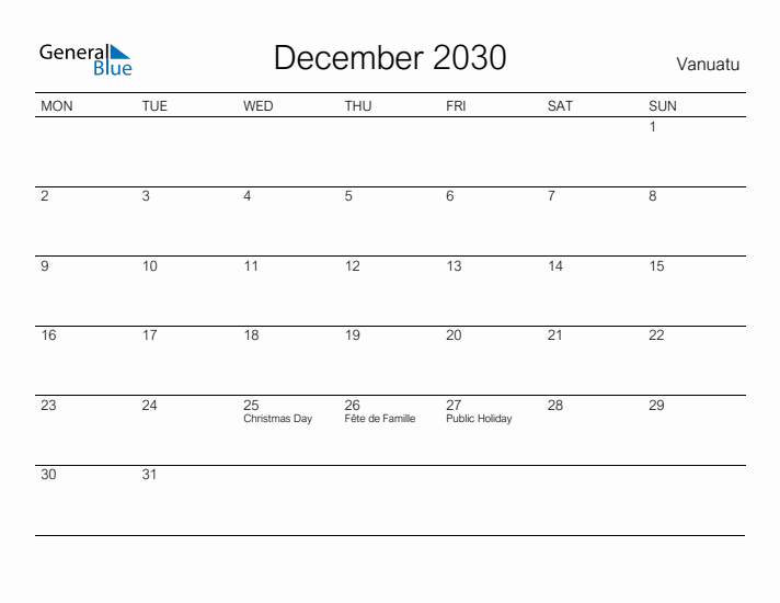 Printable December 2030 Calendar for Vanuatu