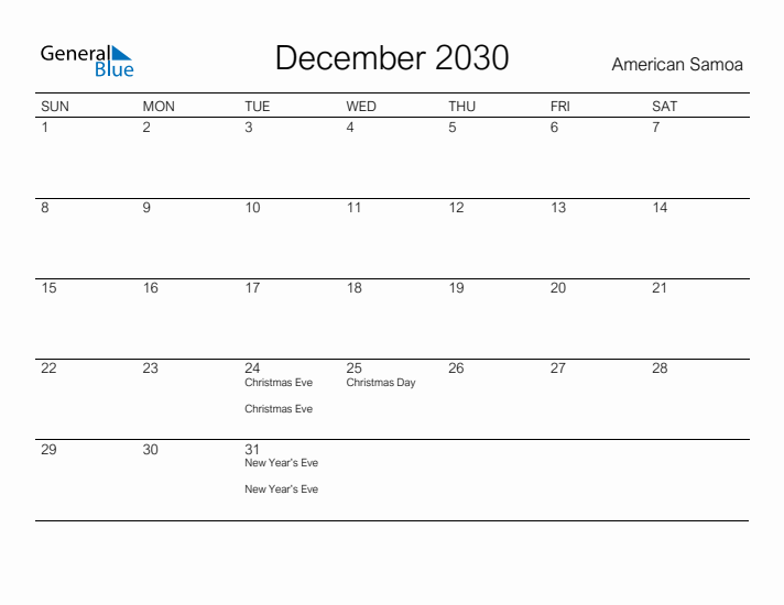 Printable December 2030 Calendar for American Samoa