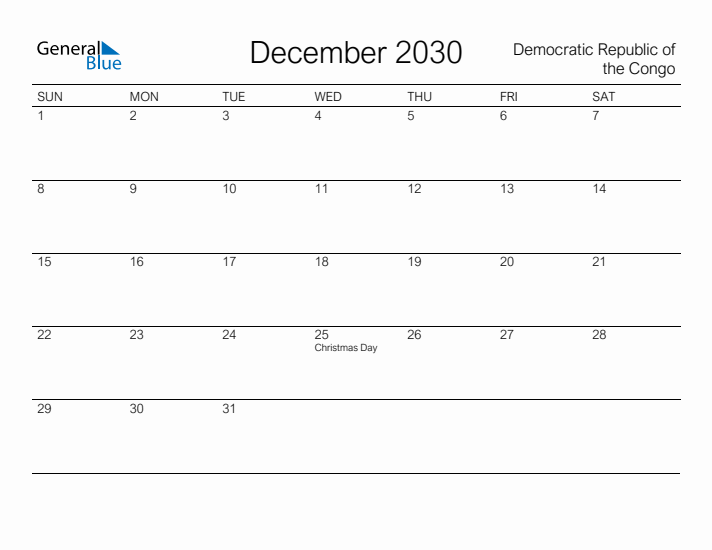 Printable December 2030 Calendar for Democratic Republic of the Congo