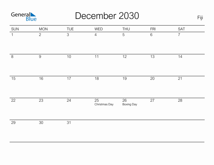 Printable December 2030 Calendar for Fiji