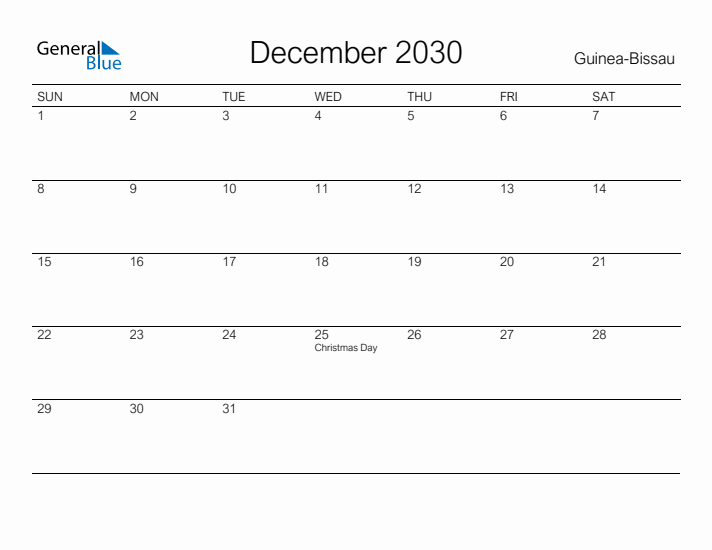 Printable December 2030 Calendar for Guinea-Bissau