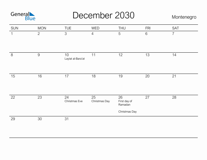 Printable December 2030 Calendar for Montenegro