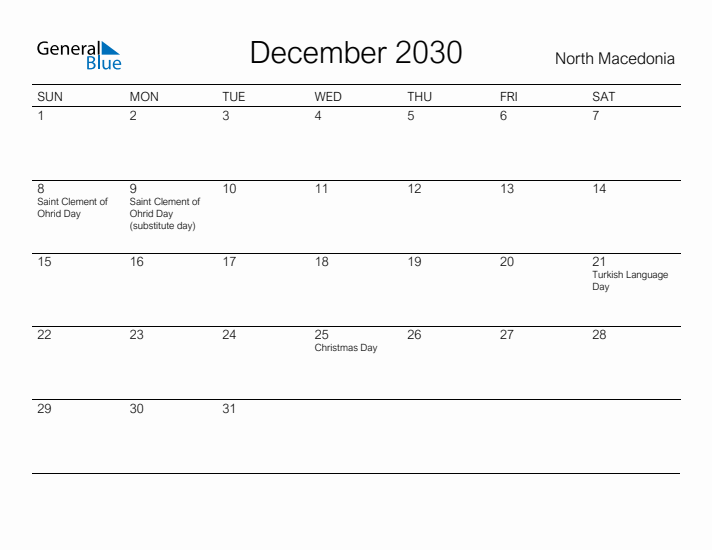 Printable December 2030 Calendar for North Macedonia