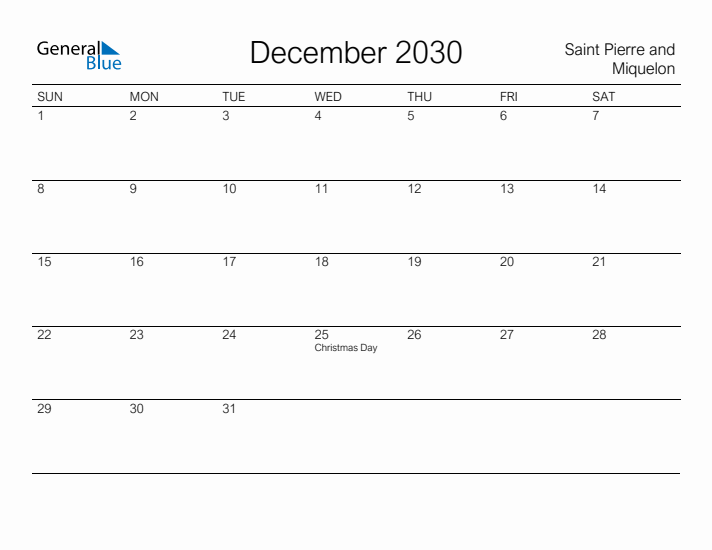 Printable December 2030 Calendar for Saint Pierre and Miquelon