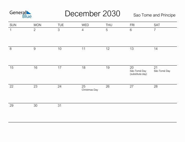 Printable December 2030 Calendar for Sao Tome and Principe