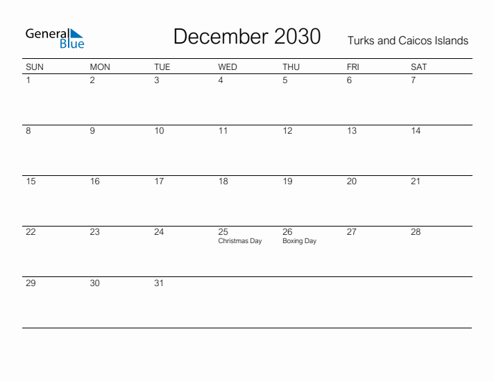Printable December 2030 Calendar for Turks and Caicos Islands