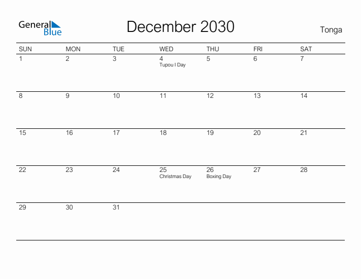 Printable December 2030 Calendar for Tonga
