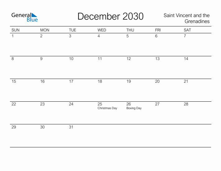 Printable December 2030 Calendar for Saint Vincent and the Grenadines