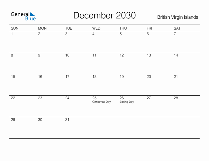 Printable December 2030 Calendar for British Virgin Islands