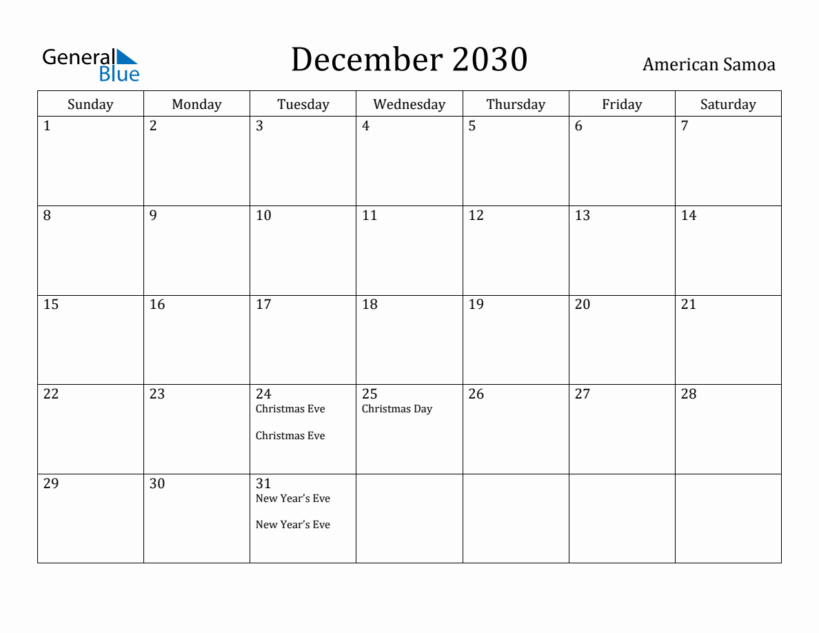 December 2030 Monthly Calendar with American Samoa Holidays