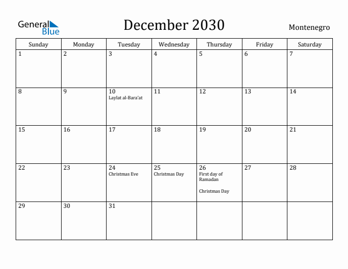 December 2030 Calendar Montenegro