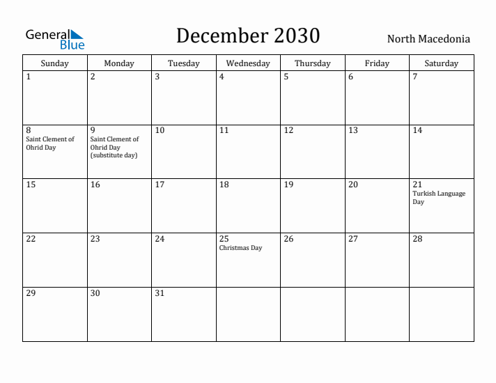 December 2030 Calendar North Macedonia