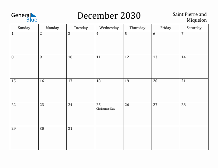 December 2030 Calendar Saint Pierre and Miquelon
