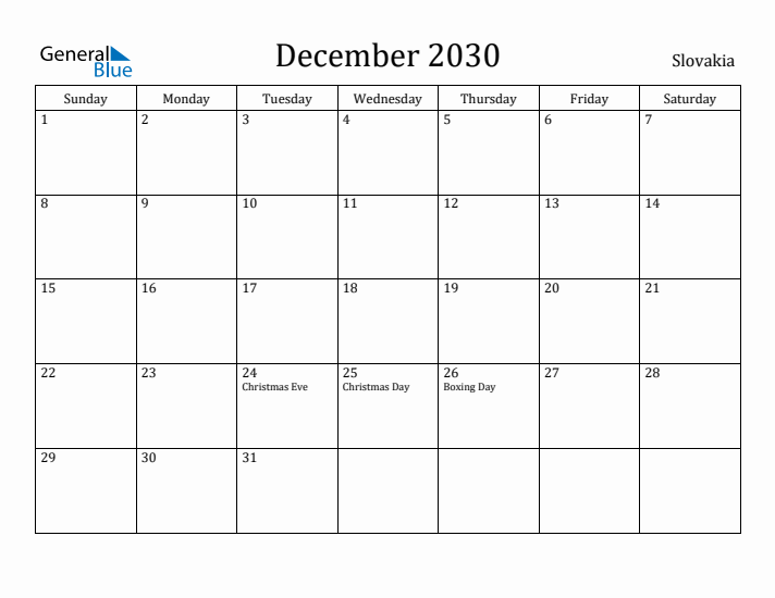 December 2030 Calendar Slovakia