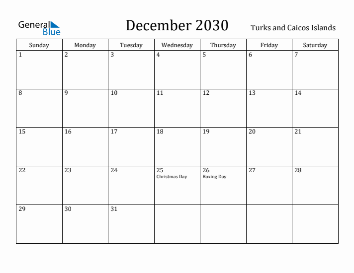 December 2030 Calendar Turks and Caicos Islands