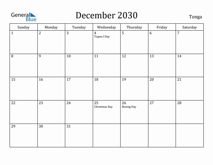 December 2030 Calendar Tonga