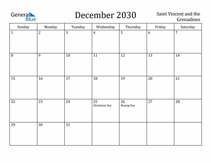 December 2030 Calendar Saint Vincent and the Grenadines