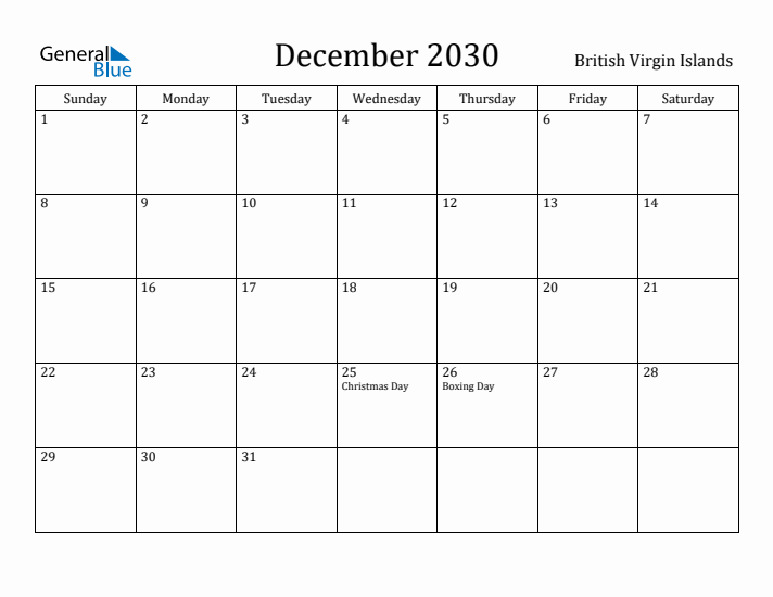 December 2030 Calendar British Virgin Islands